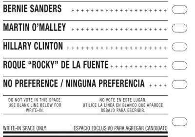 Democratic presidential primary ballot- March 1, 2016